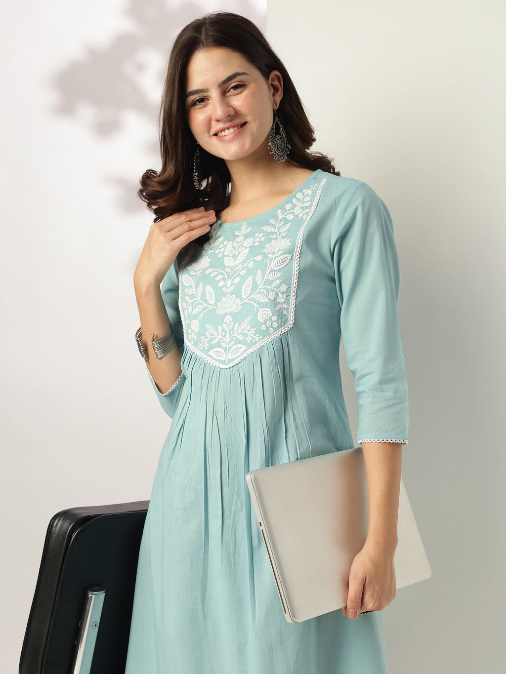 Janasya Women's Light Blue Pure Cotton Yoke Embroidered A-line Kurta