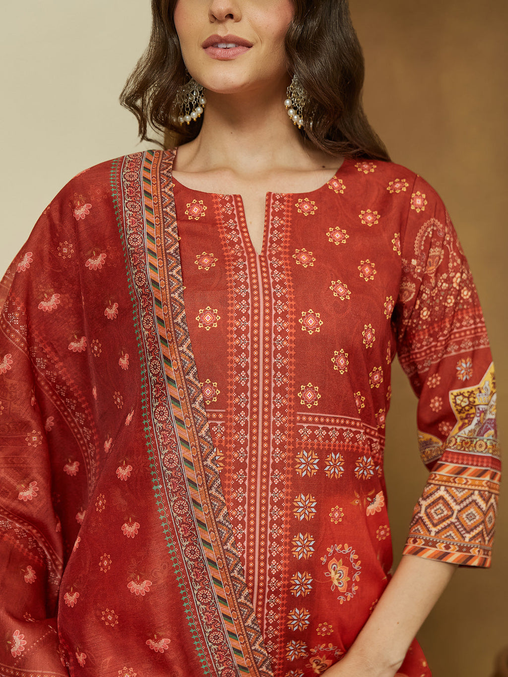 Janasya Women's Rust Cotton Blend Floral Printed Pakistani Straight Kurta Set
