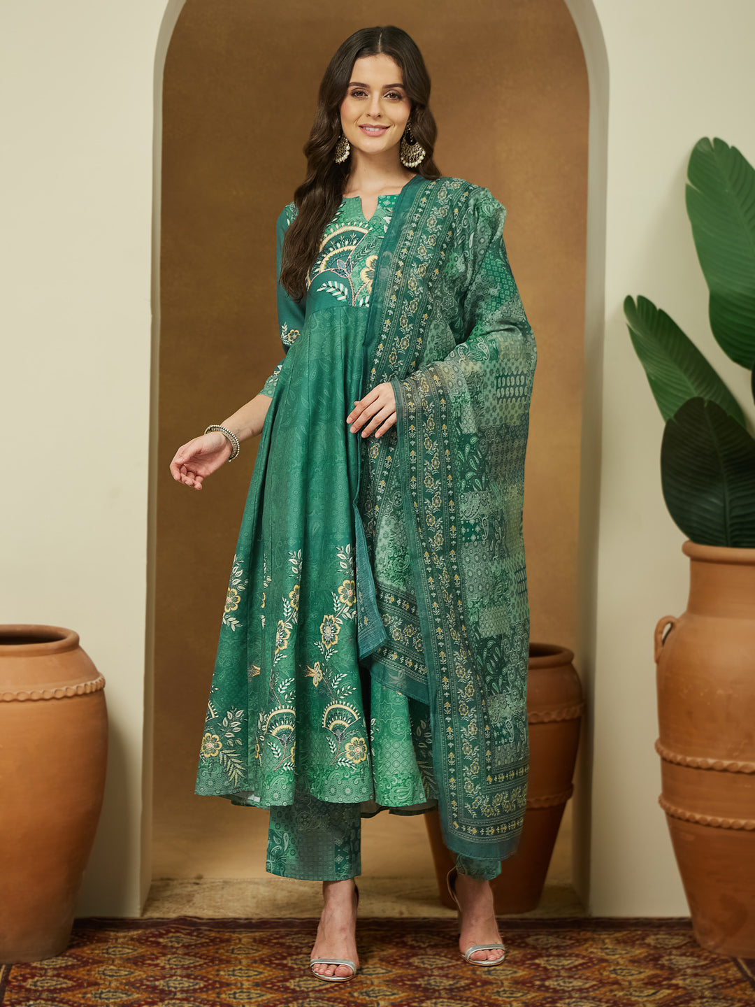 Janasya Women's Sage Green Cotton Blend Floral Printed Anarkali Kurta Set