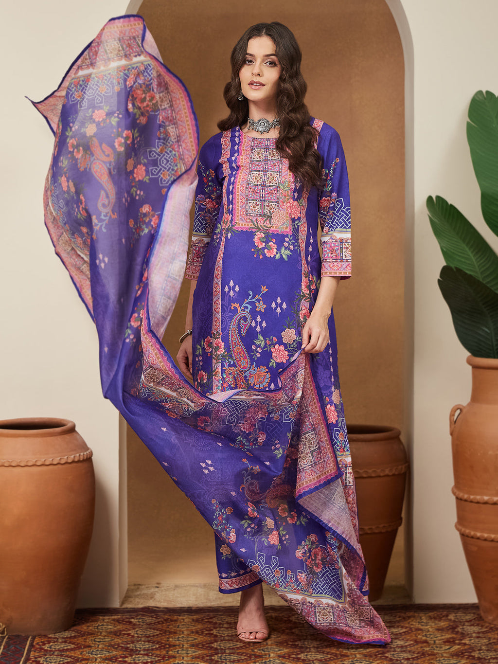 Janasya Women's Purple Cotton Blend Floral Printed Straight Kurta Set