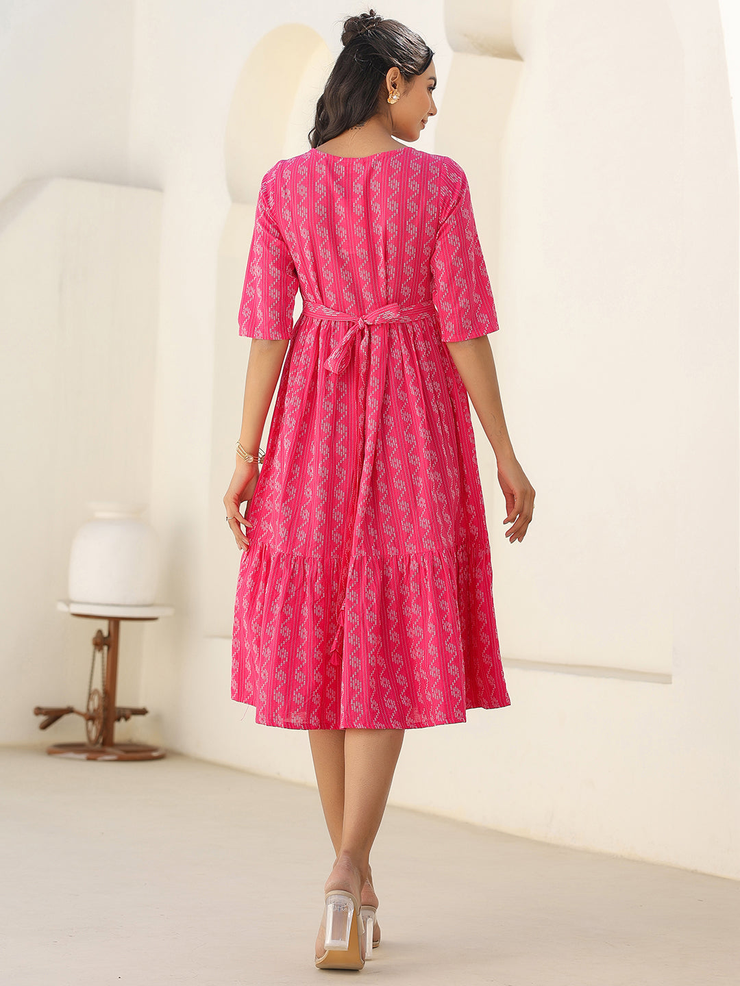 Pink Cotton Woven Design Tiered Western Dress