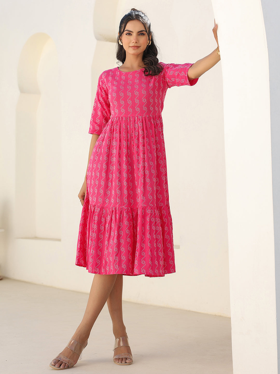 Pink Cotton Woven Design Tiered Western Dress