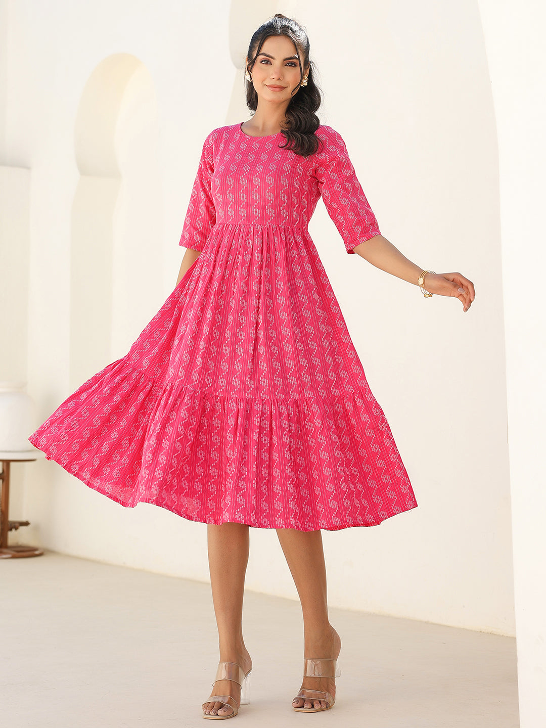 Pink Cotton Woven Design Tiered Western Dress