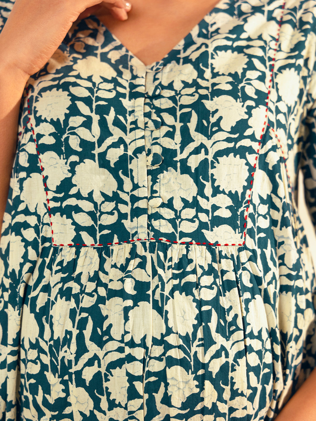 Teal Blue Cotton Floral Printed Maternity Kurta with Palazzo
