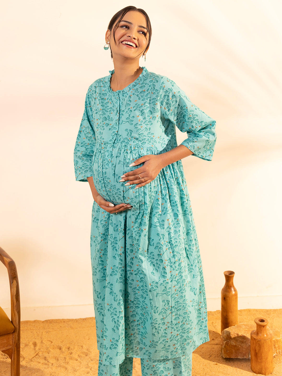 Sea Green Cotton Floral Printed Maternity Kurta with Palazzo