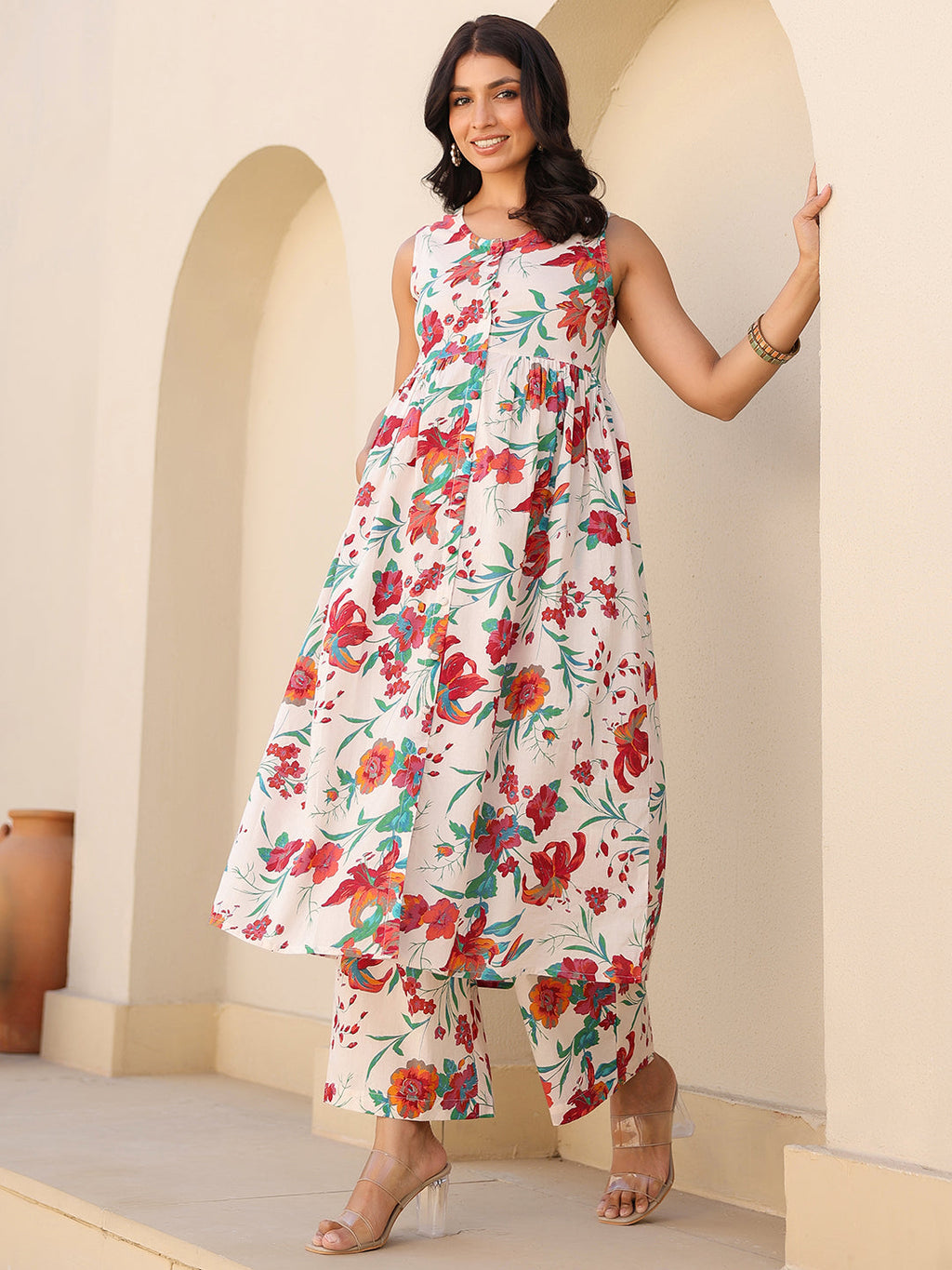 Women's Cream Pure Cotton Floral Printed A-line Maternity Kurta Set