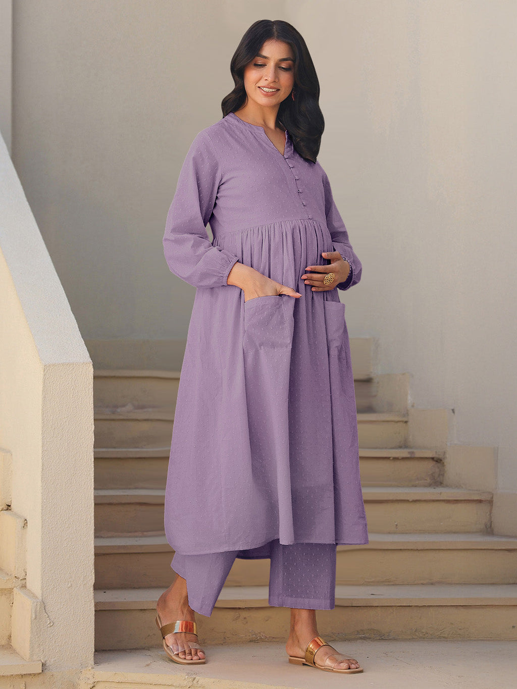 Lavender Dobby Pure Cotton Self Design A-line Maternity Kurta Pant Set