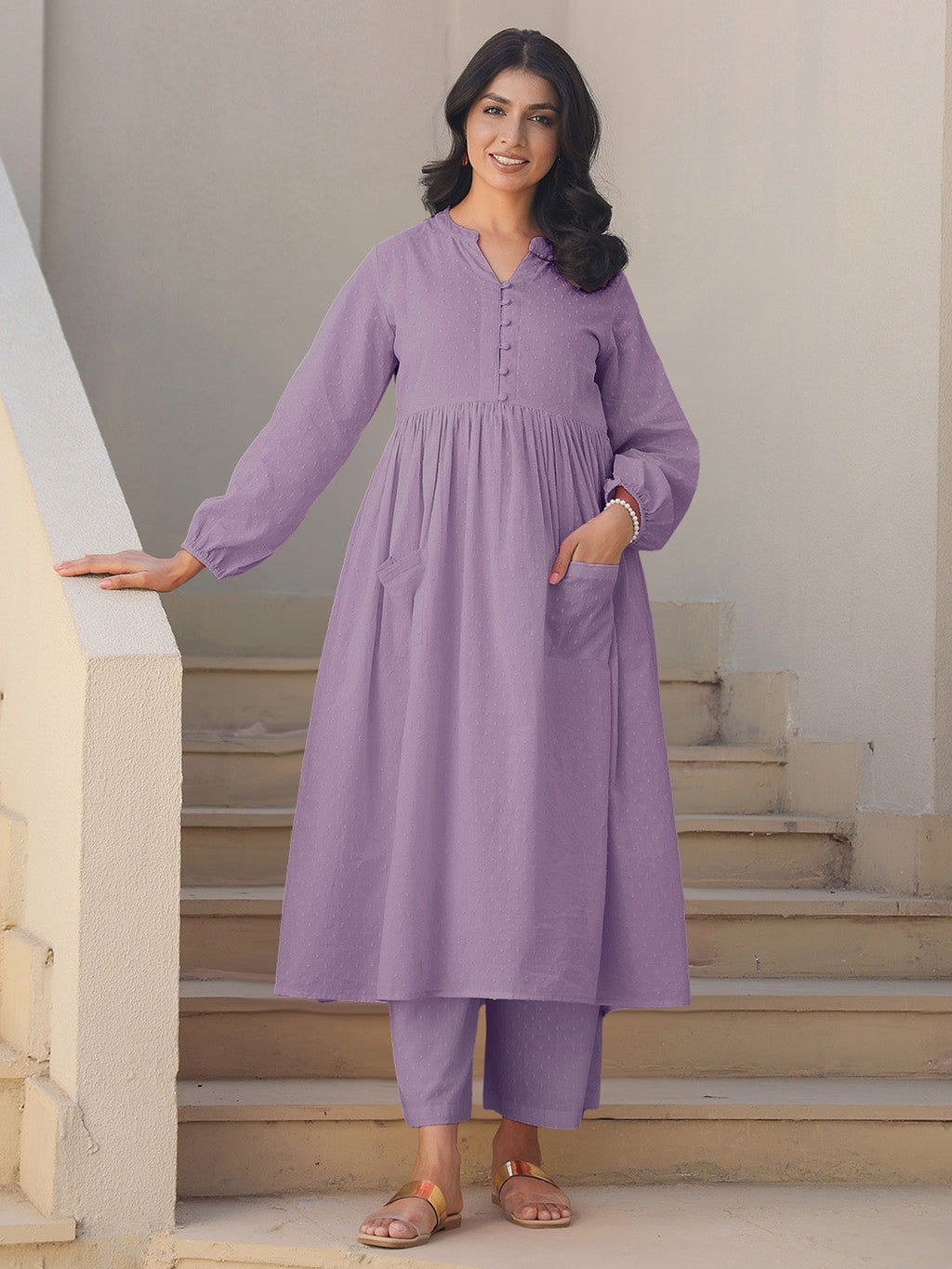 Lavender Dobby Pure Cotton Self Design A-line Maternity Kurta Pant Set