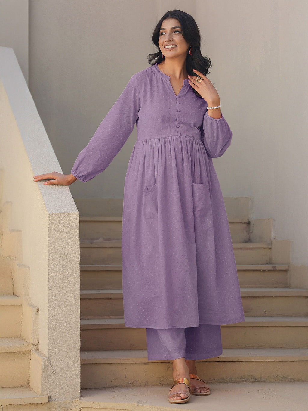 Lavender Dobby Pure Cotton Self Design A-line Maternity Kurta Pant Set