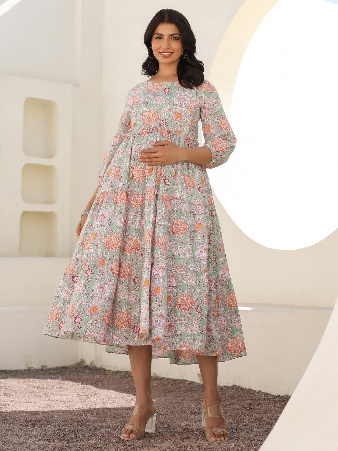 Light Green Pure Cotton Floral Printed Tiered Maternity Dress