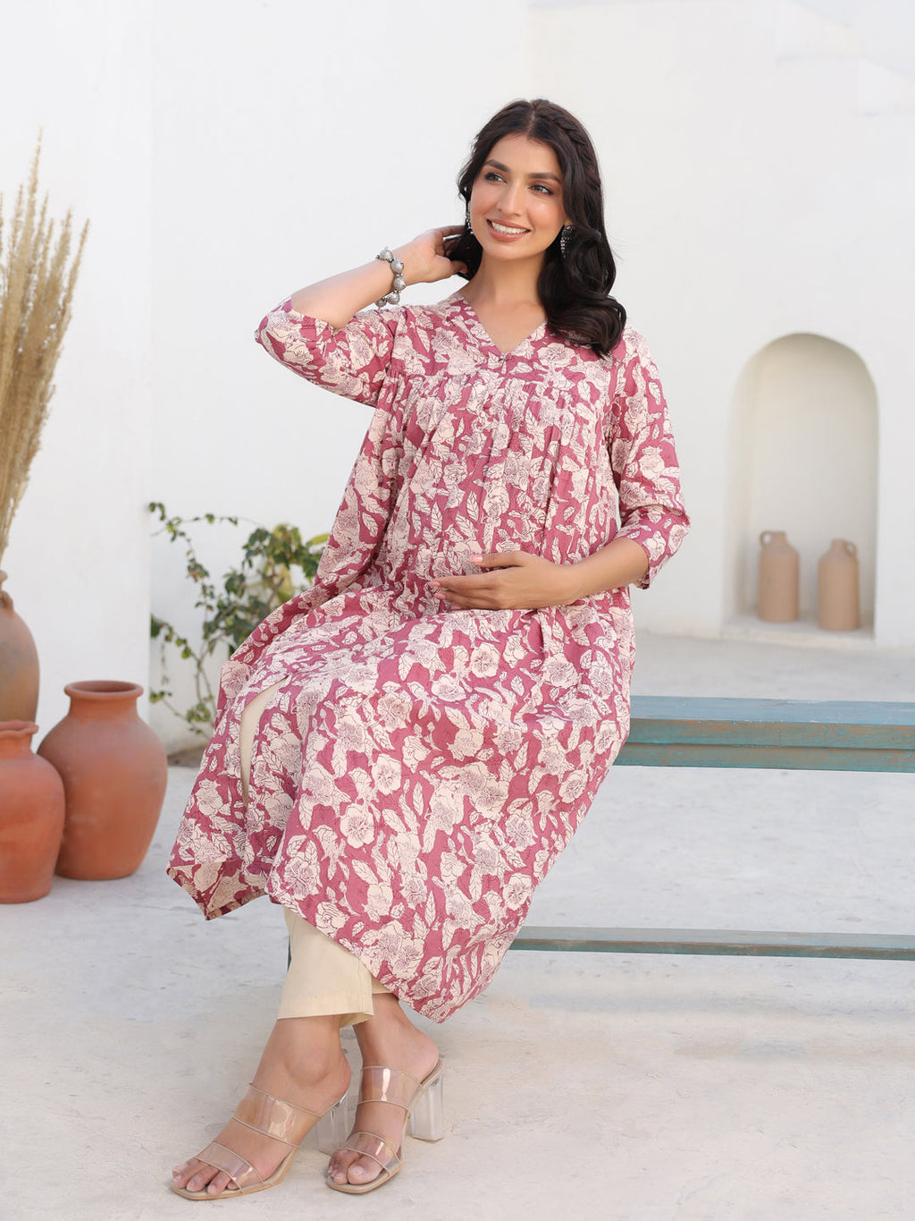 Mauve Pure Cotton Floral Printed Gathered Maternity Kurta