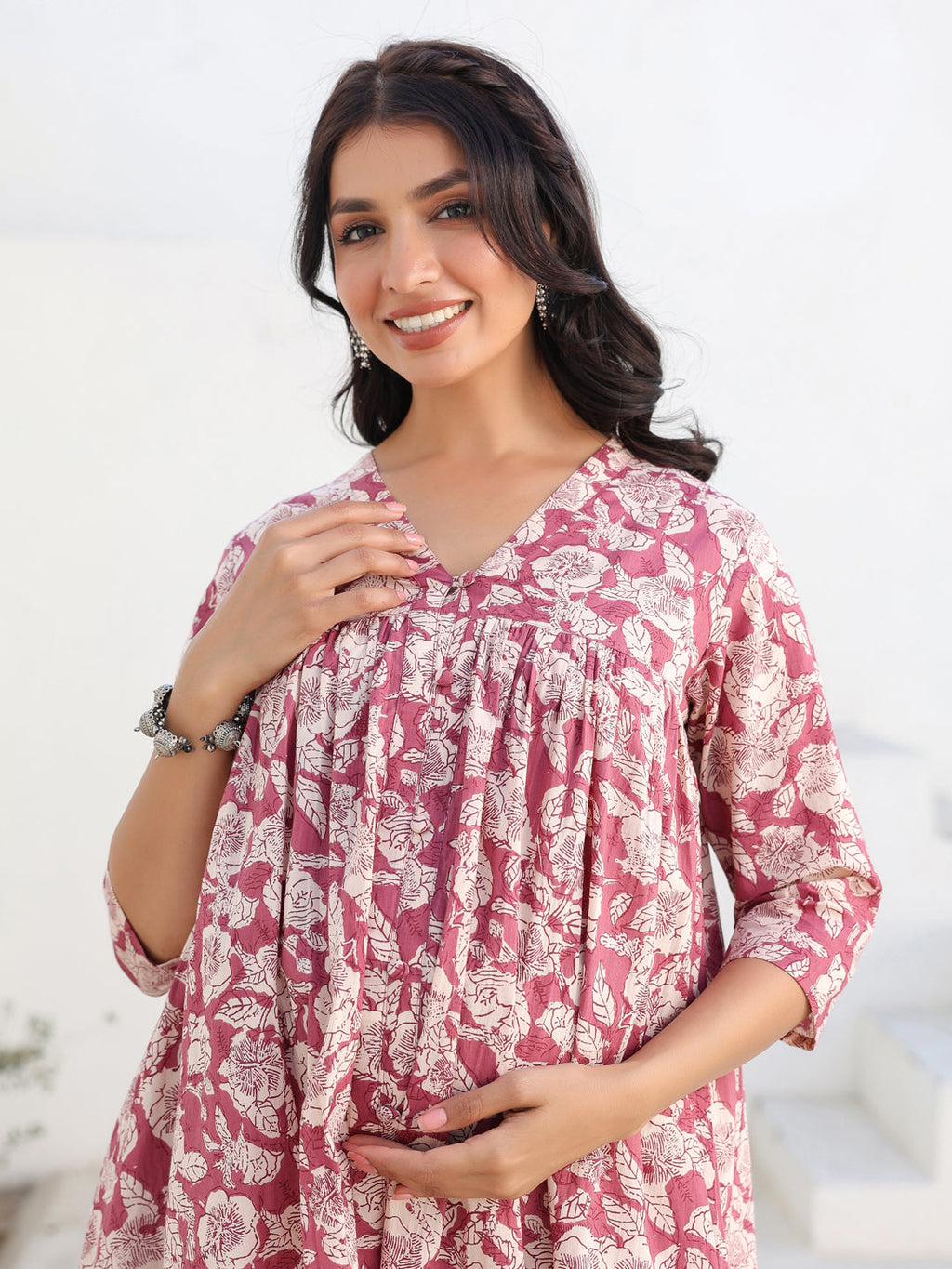 Mauve Pure Cotton Floral Printed Gathered Maternity Kurta