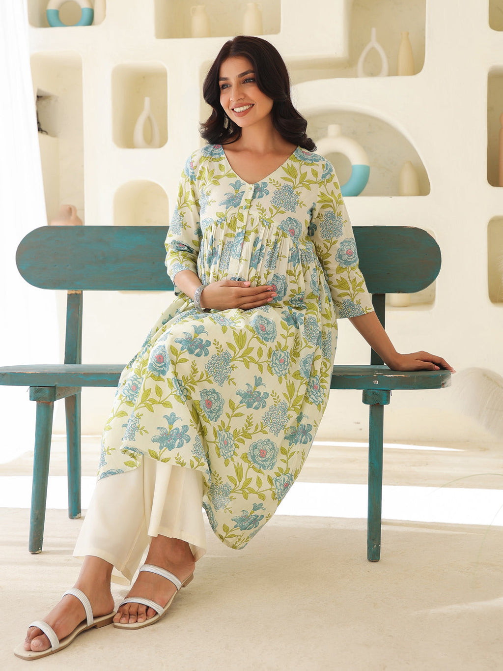 Off White Pure Cotton Floral Printed A-line Maternity Kurta