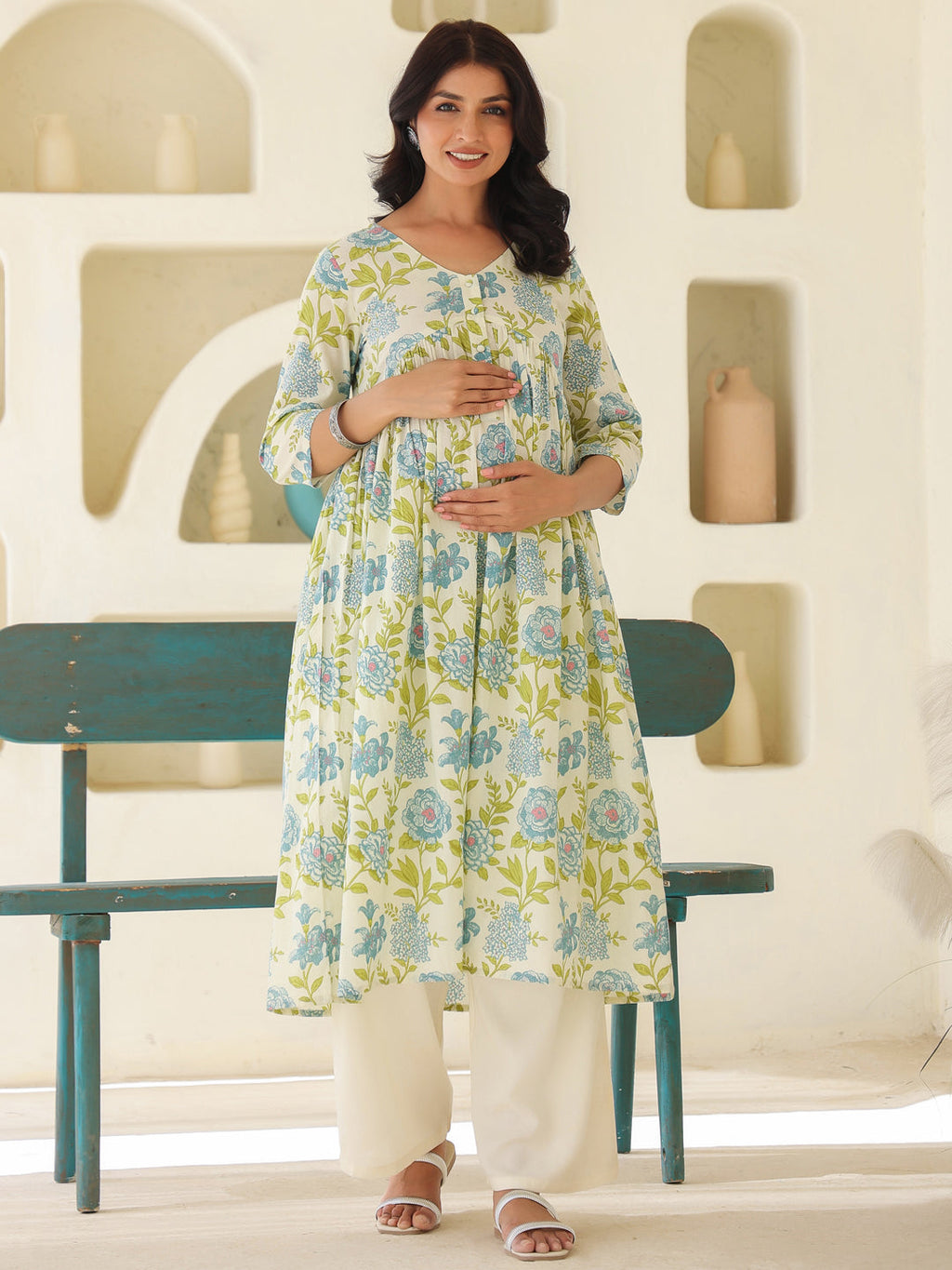 Off White Pure Cotton Floral Printed A-line Maternity Kurta