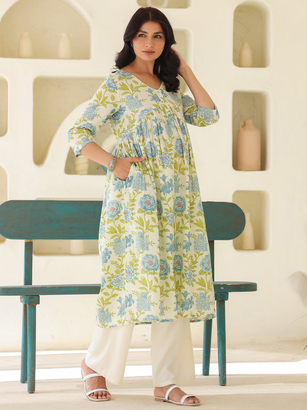 Off White Pure Cotton Floral Printed A-line Maternity Kurta