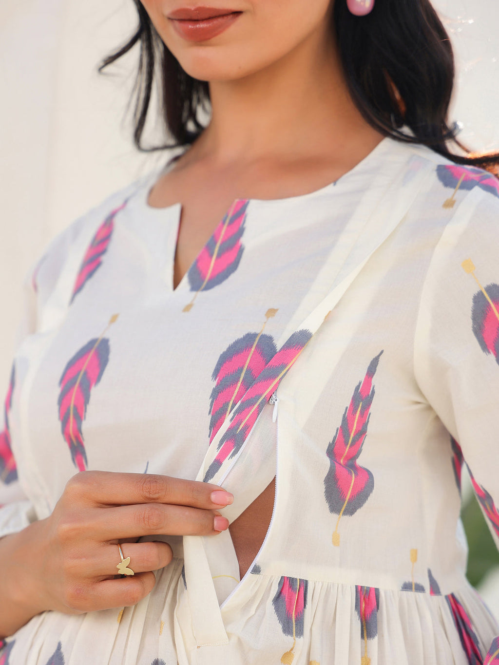 Off White Pure Cotton Ikkat Printed A-line Maternity Tunic