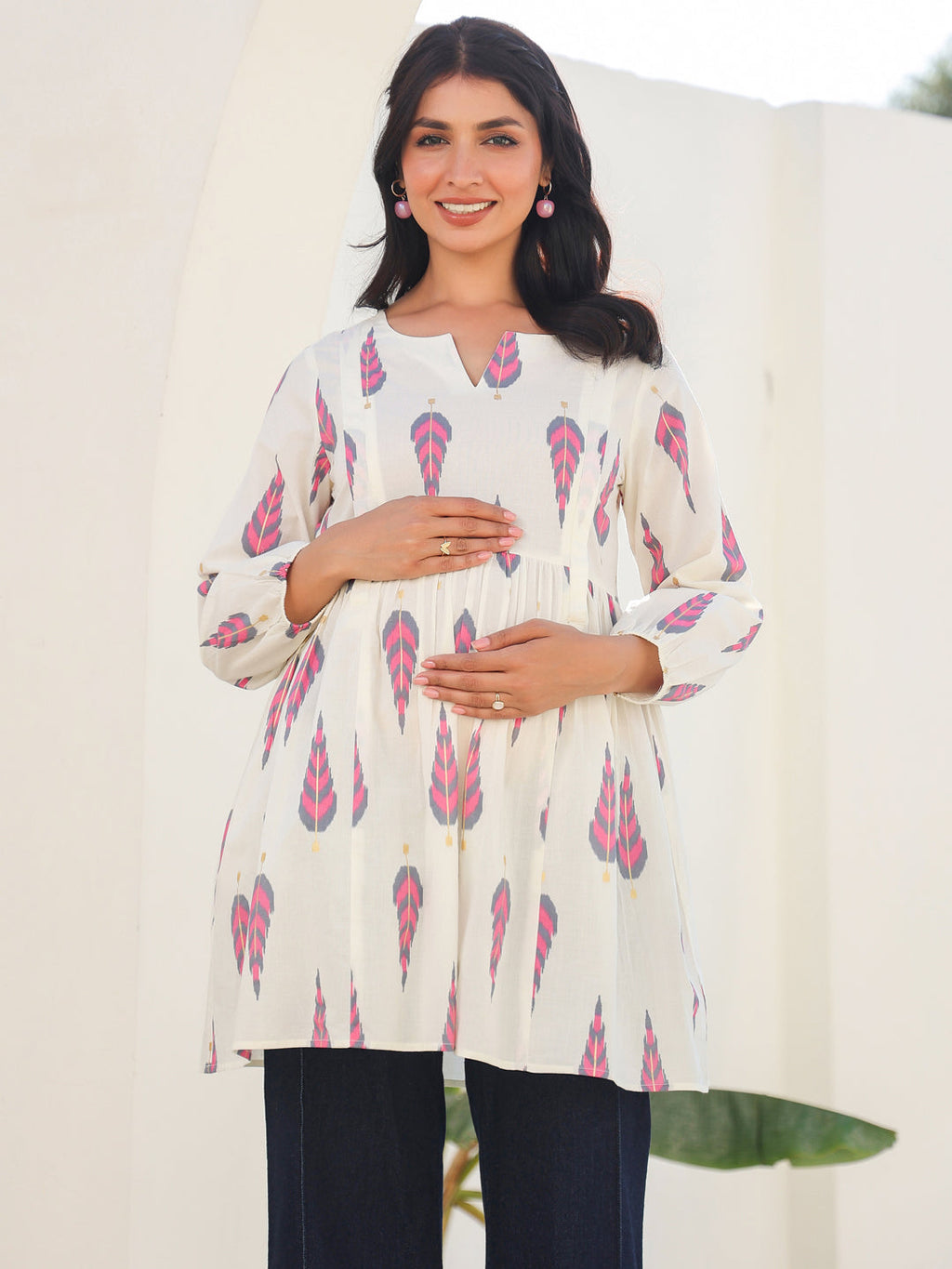 Off White Pure Cotton Ikkat Printed A-line Maternity Tunic