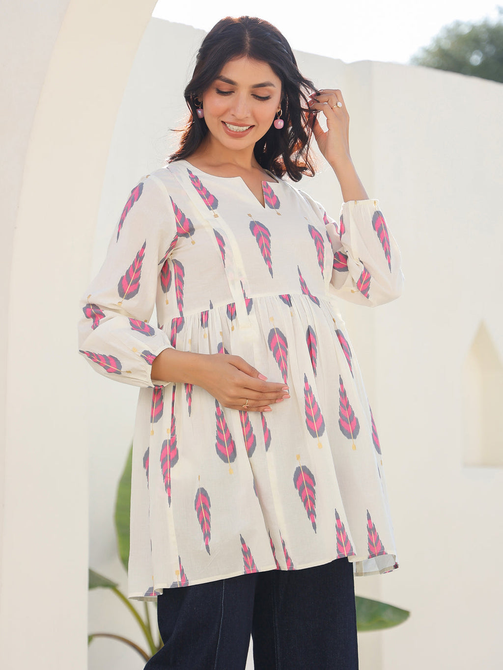 Off White Pure Cotton Ikkat Printed A-line Maternity Tunic
