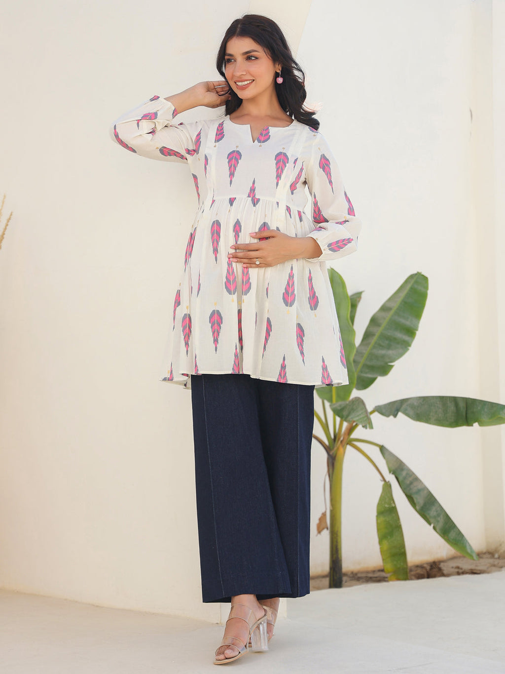 Off White Pure Cotton Ikkat Printed A-line Maternity Tunic
