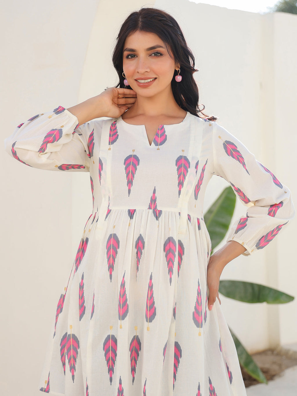 Off White Pure Cotton Ikkat Printed A-line Maternity Tunic
