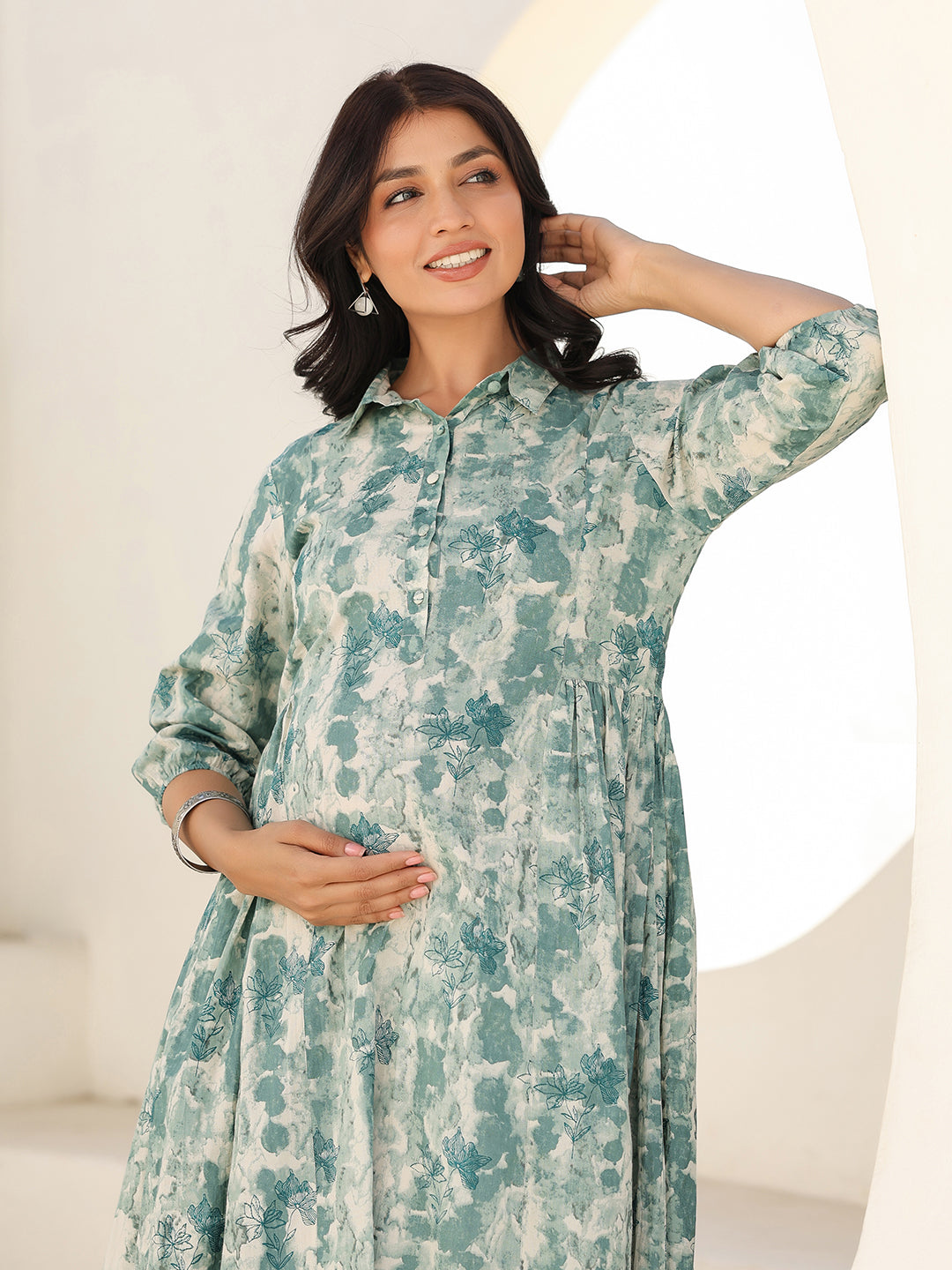 Sage Green Pure Cotton Tie-dye A-line Maternity Dress