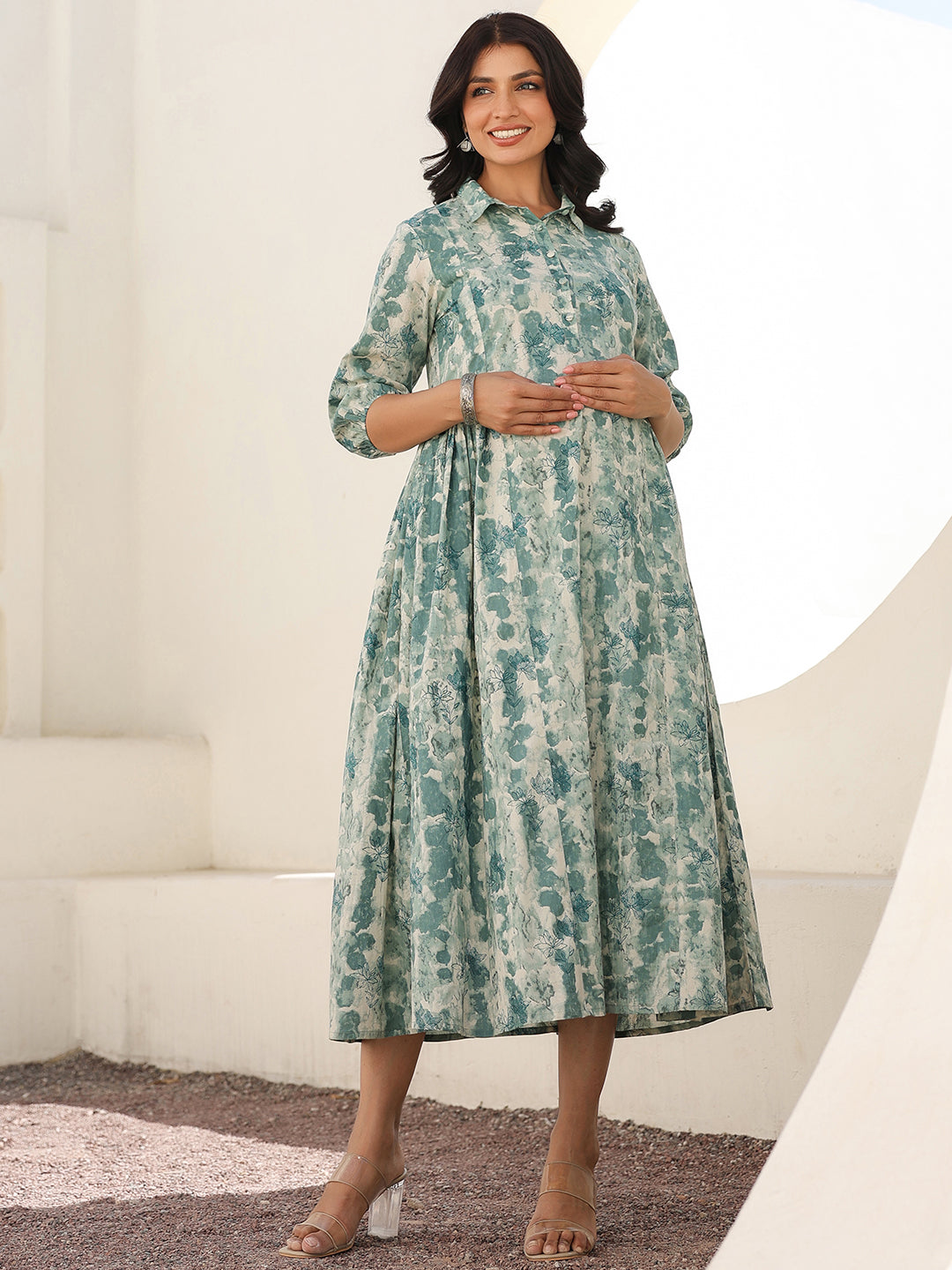 Sage Green Pure Cotton Tie-dye A-line Maternity Dress