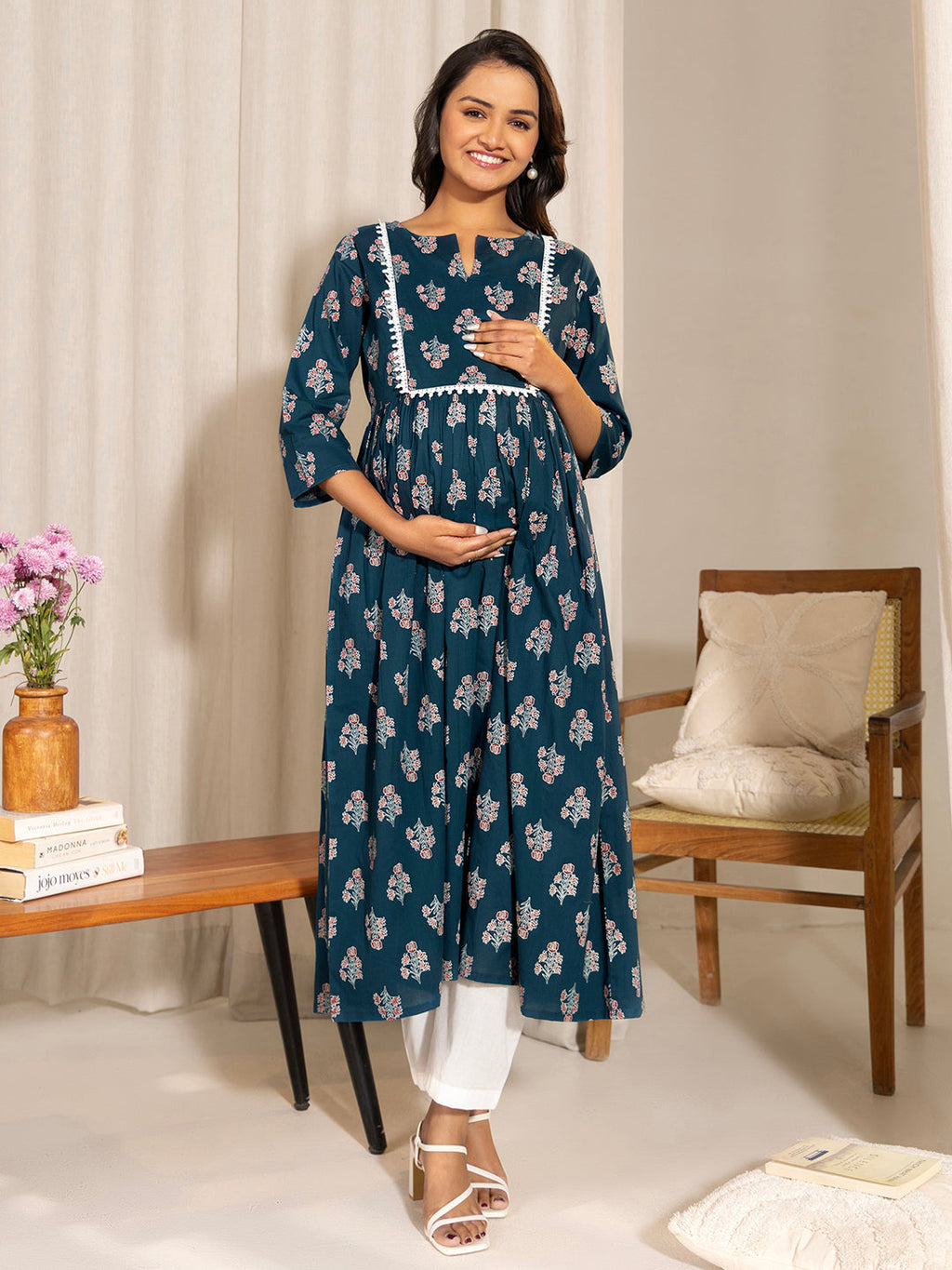 Teal Cotton Floral Fit & Flare Maternity Kurta