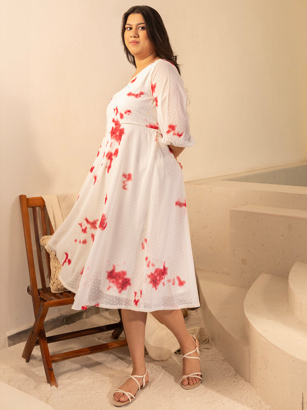 Plus Size Off White Dobby Georgette Tie & Dye Fit & Flare Dress