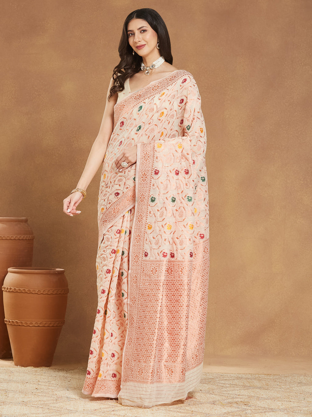 Janasya Women's Light Peach Linen Blend Patola Woven Design Jacquard Saree with Blouse Piece