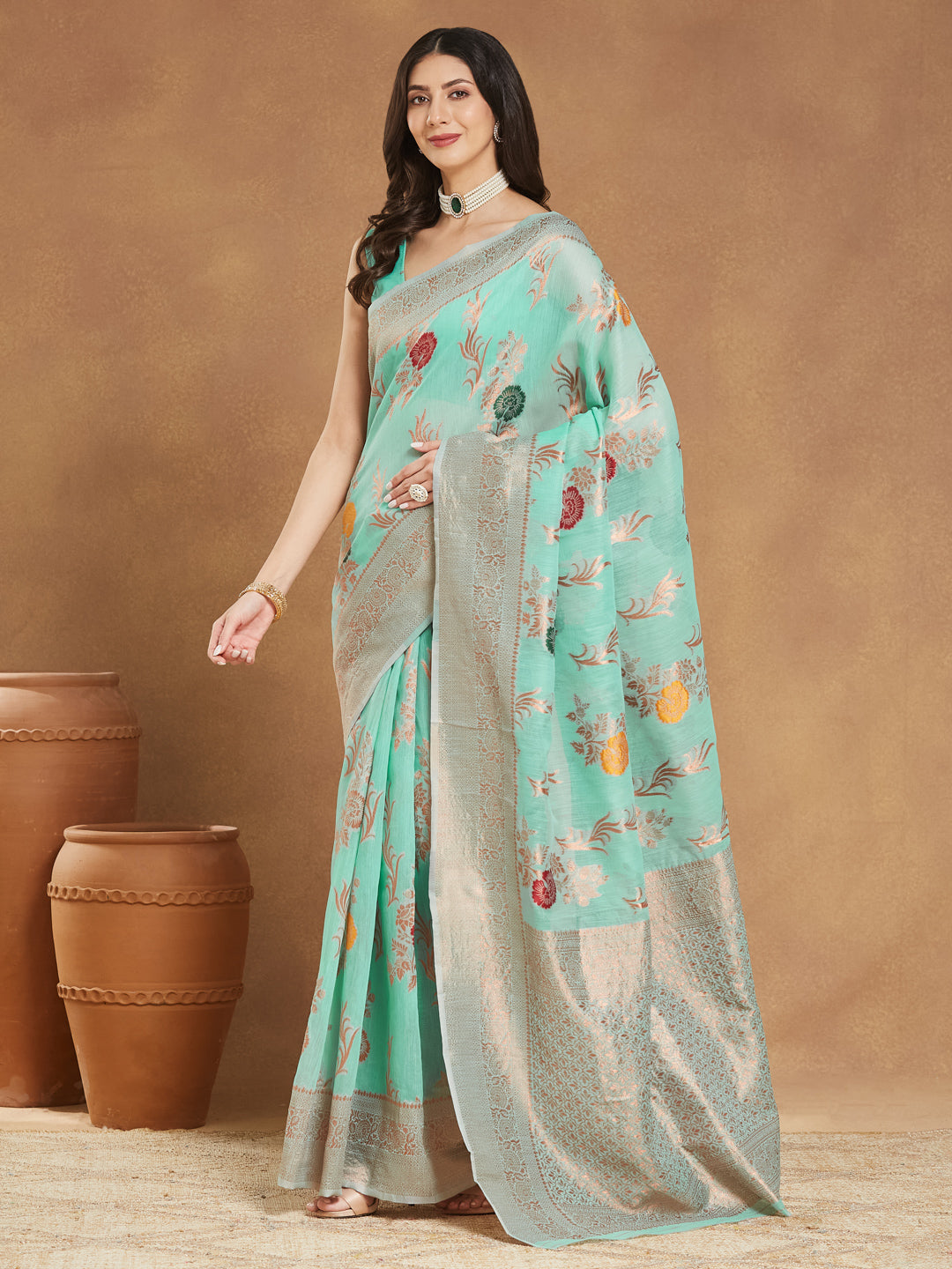 Janasya Women's Sea Blue Linen Blend Floral Woven Design Jacquard Saree with Blouse Piece