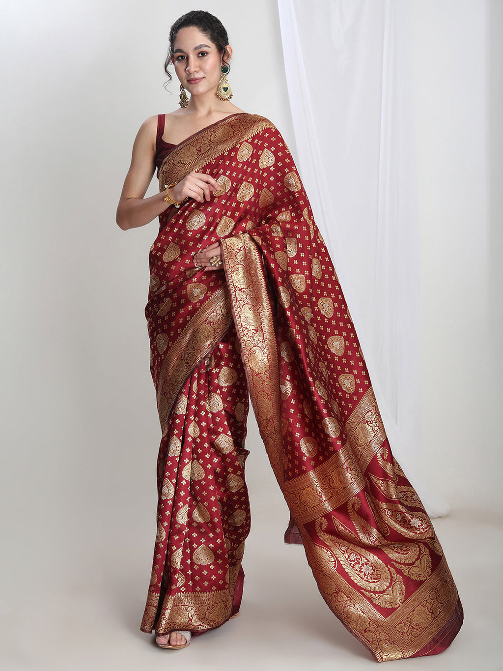 Janasya Women's Maroon Silk Blend Ethnic Motifs Woven Design Jacquard Saree with Blouse Piece