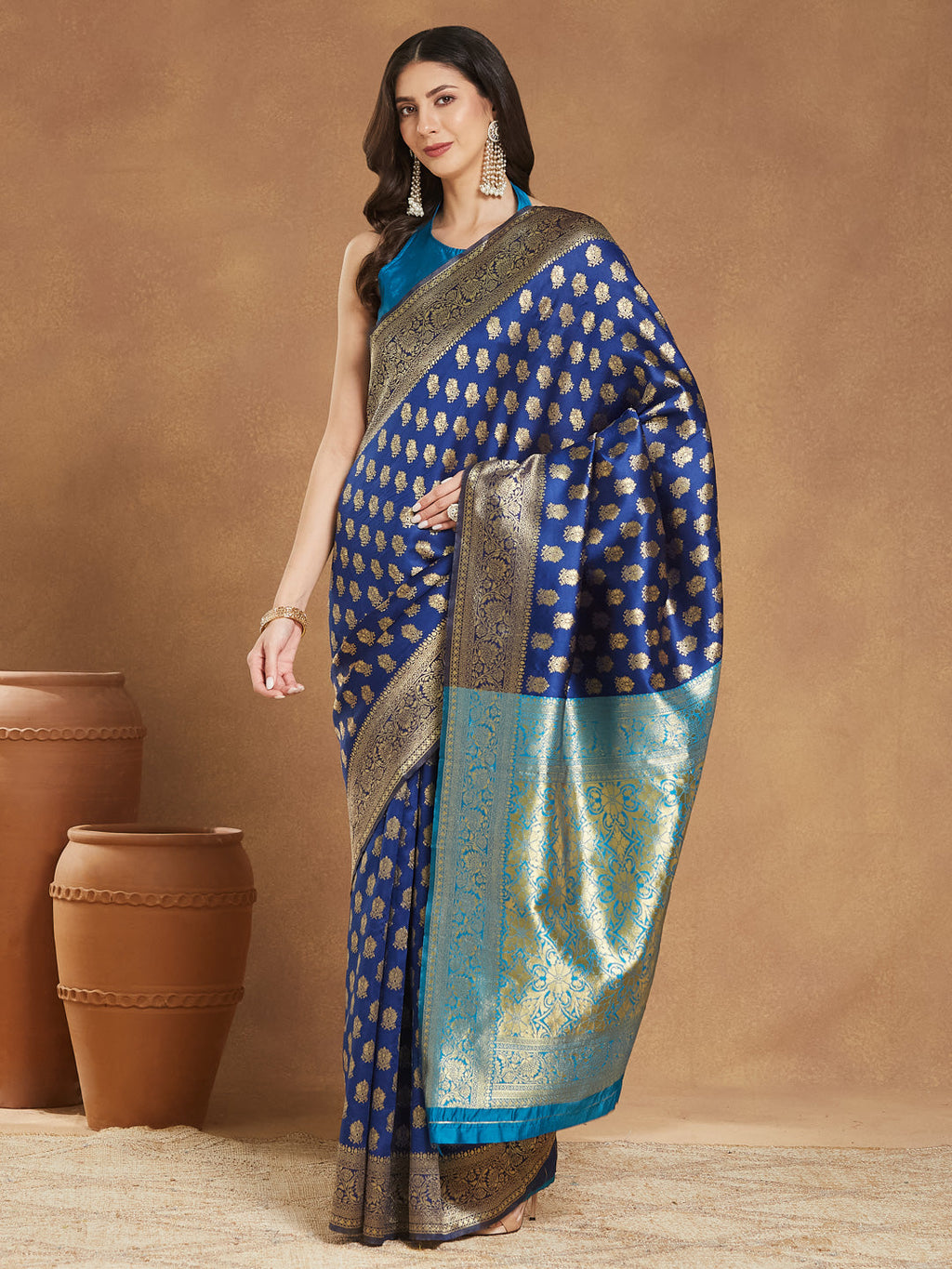 Janasya Women's Blue Silk Blend Ethnic Motifs Woven Design Banarasi Jacquard Saree with Blouse Piece