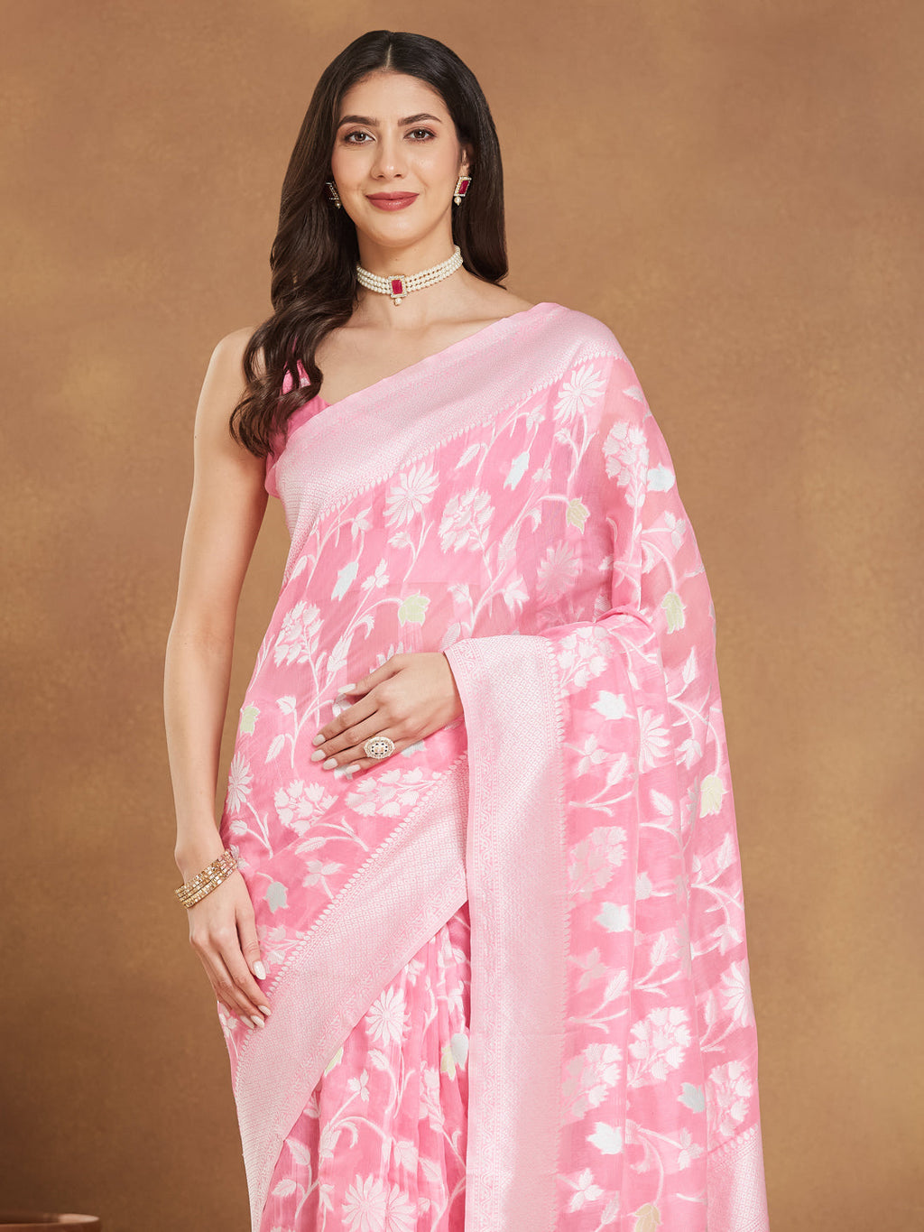 Janasya Women's Light Pink Silk Blend Floral Woven Design Jacquard Saree with Blouse Piece