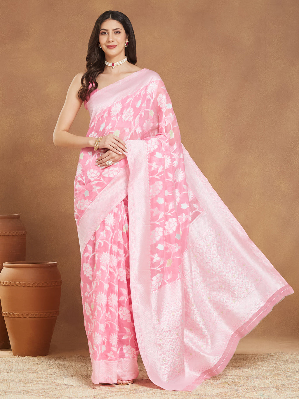 Janasya Women's Light Pink Silk Blend Floral Woven Design Jacquard Saree with Blouse Piece