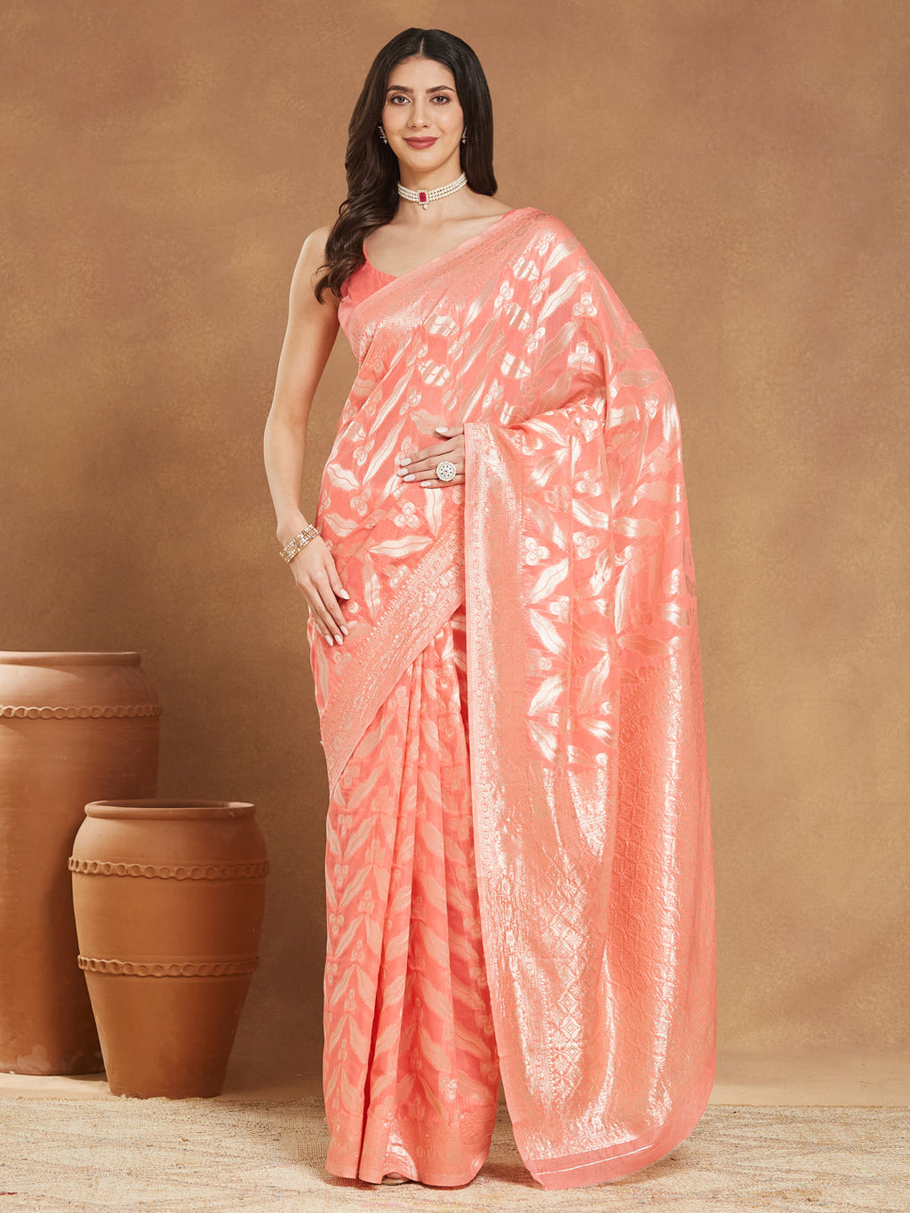 Janasya Women's Peach Silk Blend Floral Woven Design Jacquard Saree with Blouse Piece