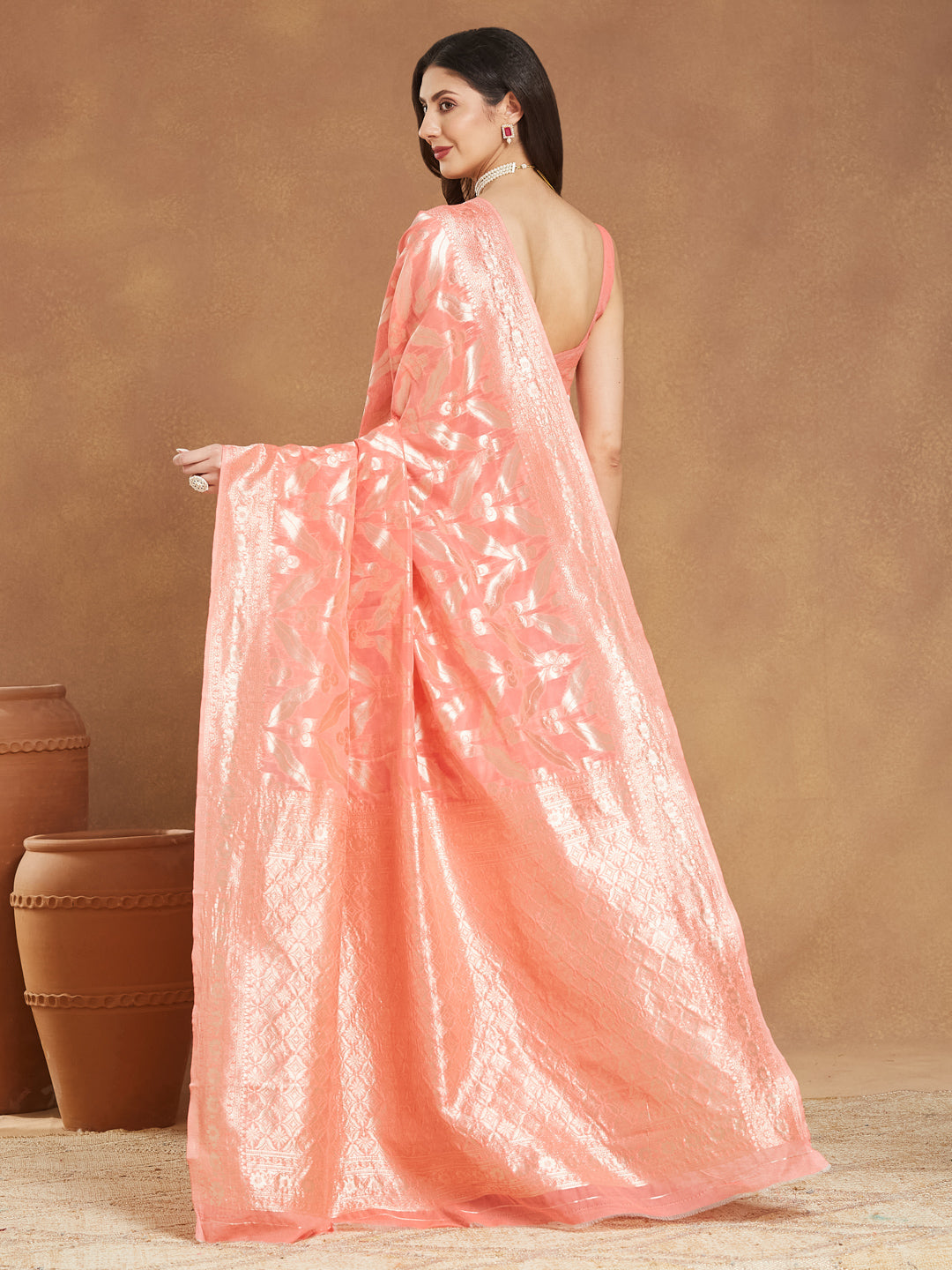 Janasya Women's Peach Silk Blend Floral Woven Design Jacquard Saree with Blouse Piece