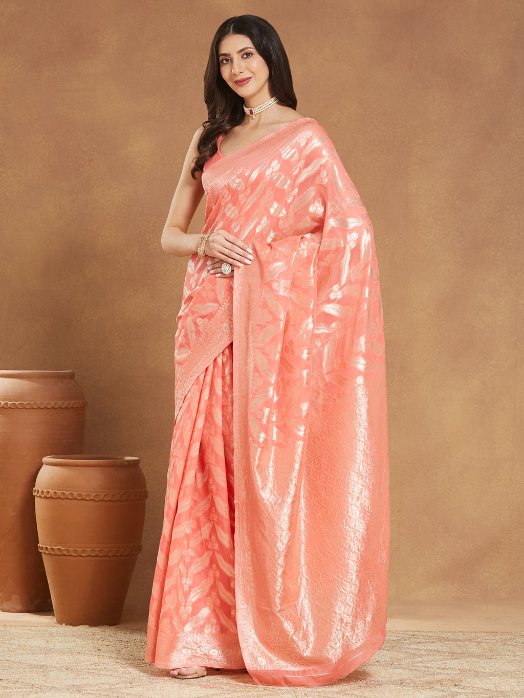 Janasya Women's Peach Silk Blend Floral Woven Design Jacquard Saree with Blouse Piece