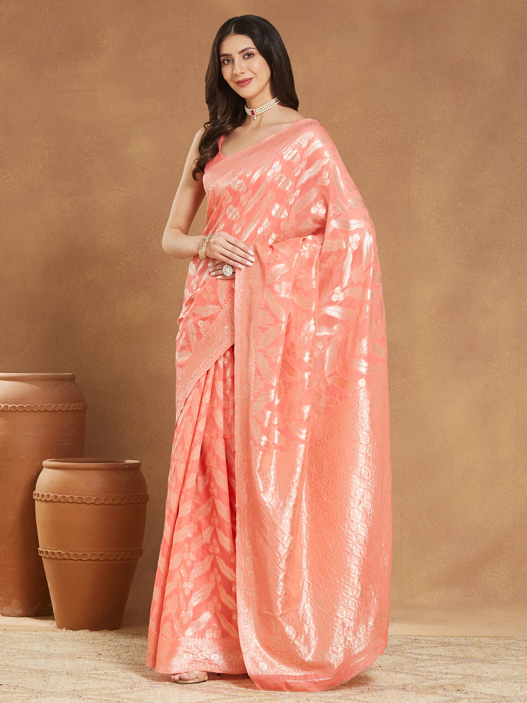 Janasya Women's Peach Silk Blend Floral Woven Design Jacquard Saree with Blouse Piece