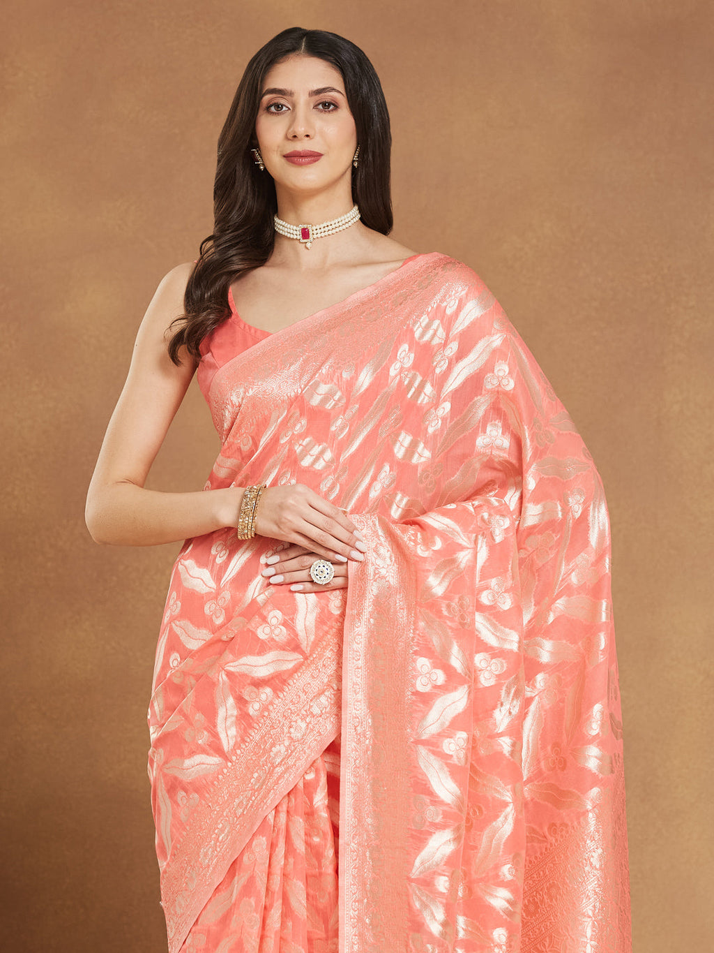 Janasya Women's Peach Silk Blend Floral Woven Design Jacquard Saree with Blouse Piece