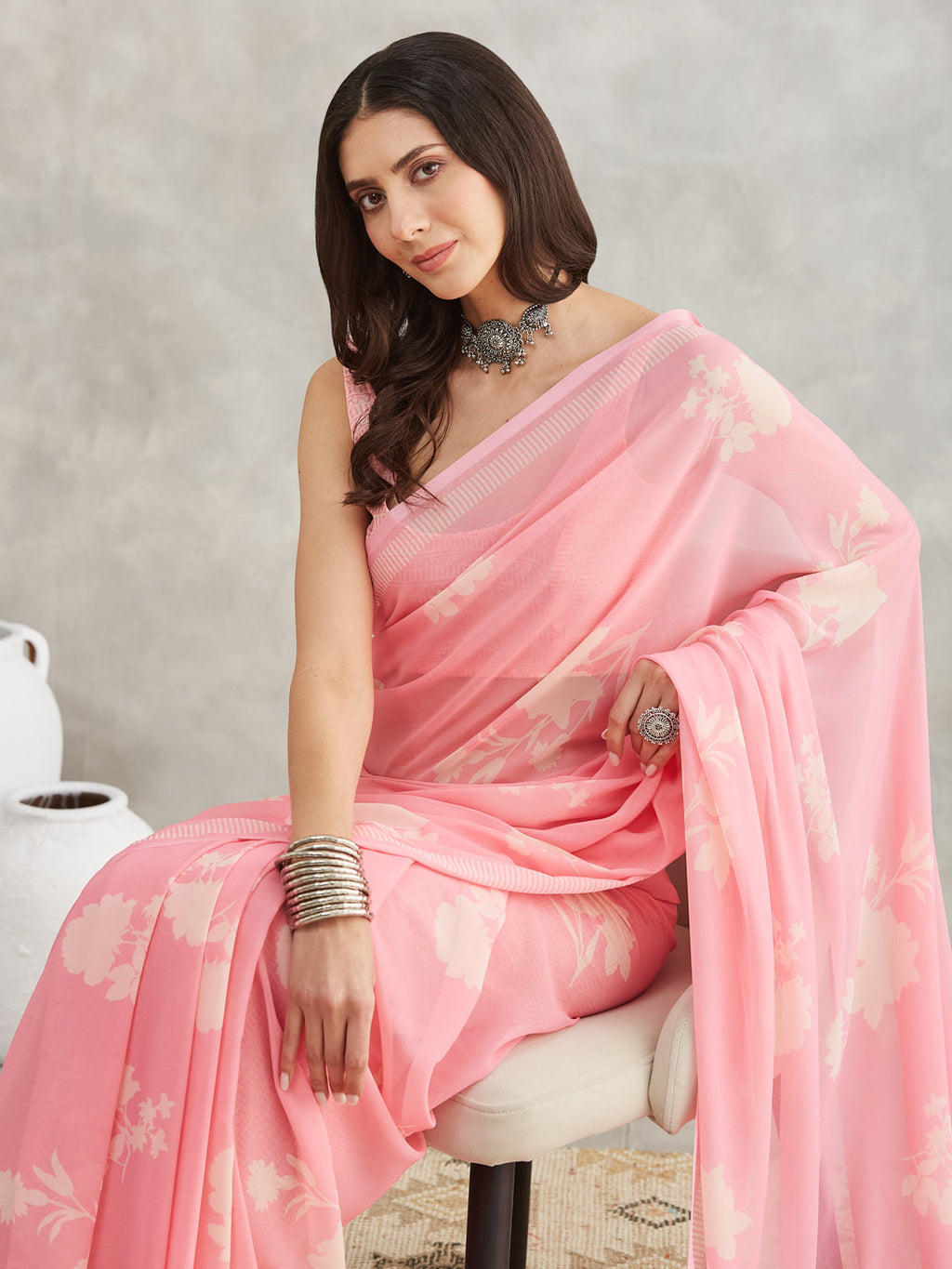 Janasya Women's Light Pink Georgette Floral Printed Printed Saree with Blouse Piece