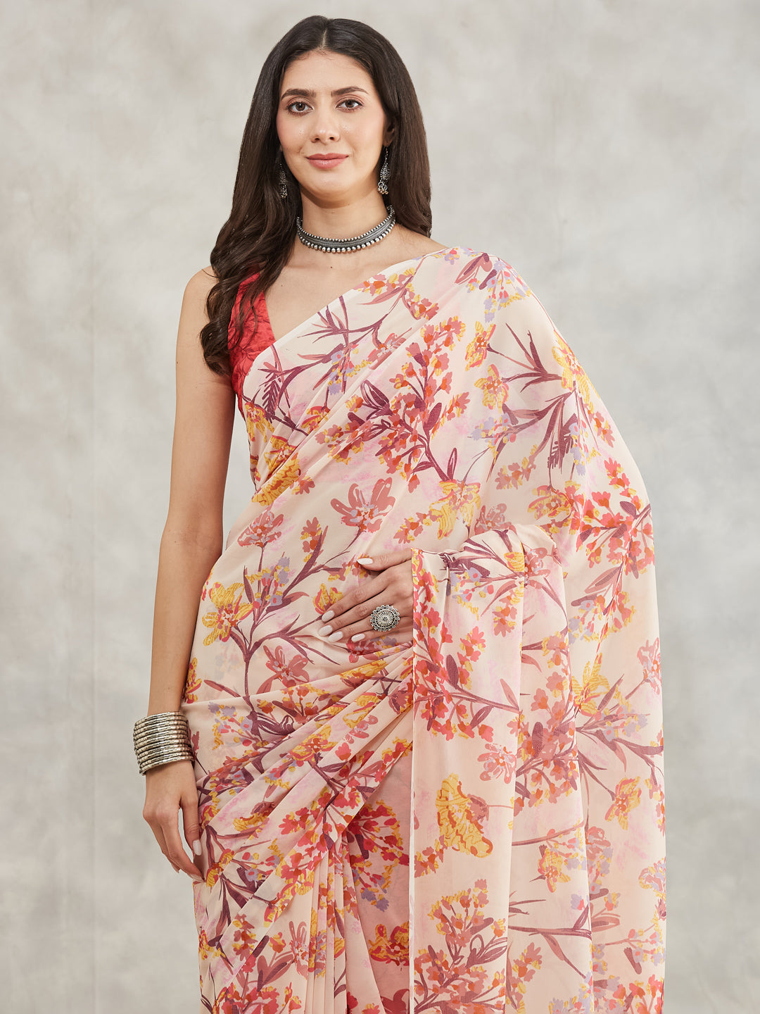 Janasya Women's Cream Georgette Floral Printed Printed Saree with Blouse Piece