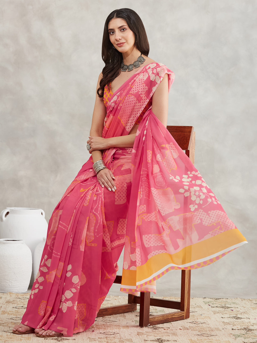 Janasya Women's Pink Georgette Geometric Printed Printed Saree with Blouse Piece