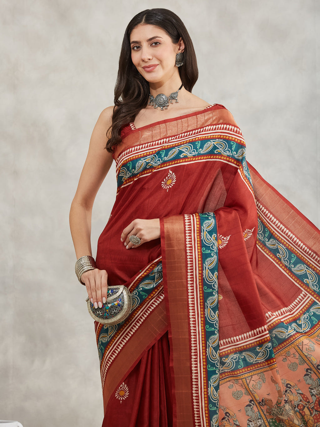 Janasya Women's Rust Silk Blend Paisley Printed Printed Saree with Blouse Piece