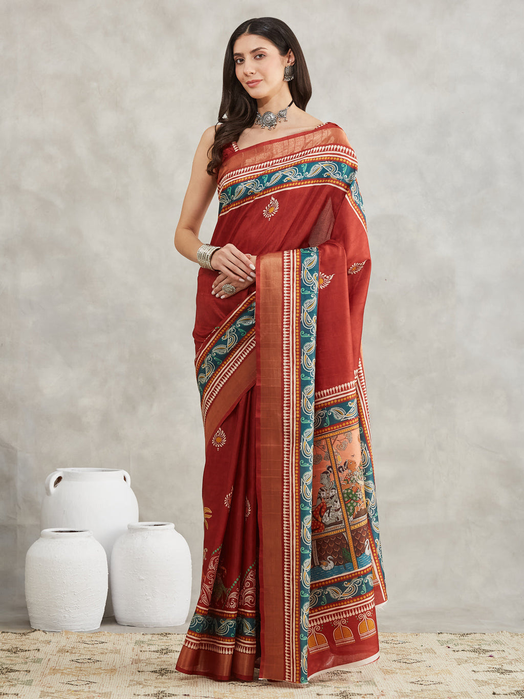 Janasya Women's Rust Silk Blend Paisley Printed Printed Saree with Blouse Piece