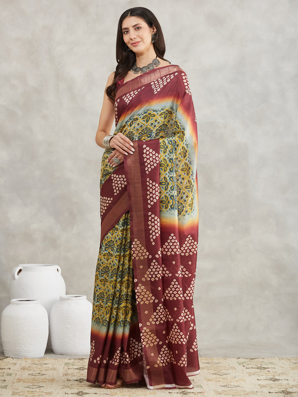 Janasya Women's Yellow Silk Blend Ethnic Motifs Printed Printed Saree with Blouse Piece