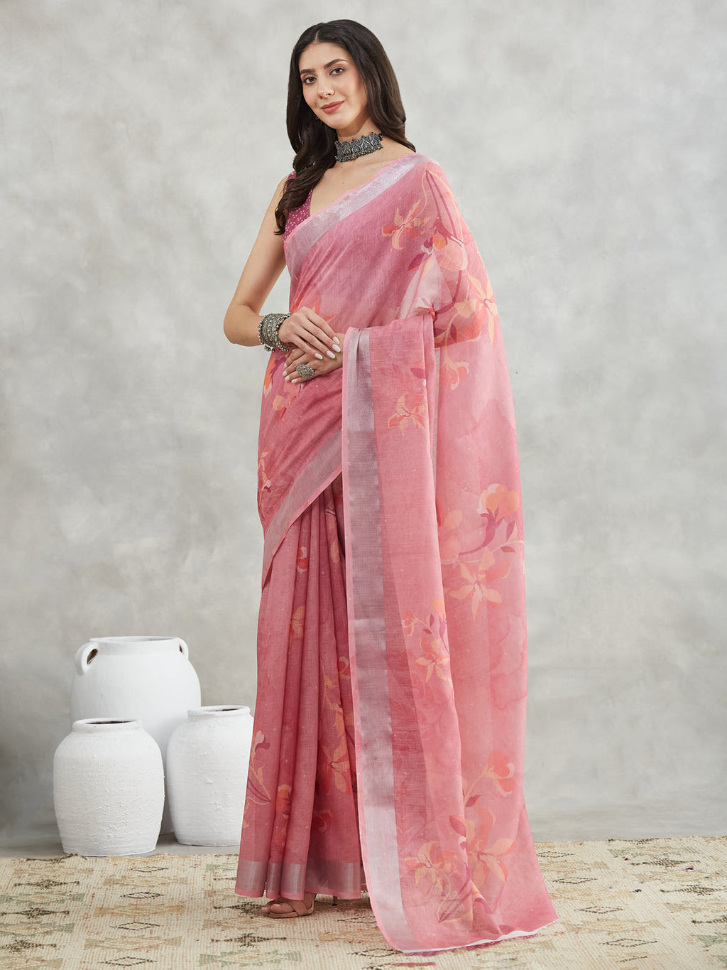 Janasya Women's Mauve Linen Blend Floral Printed Printed Saree with Blouse Piece