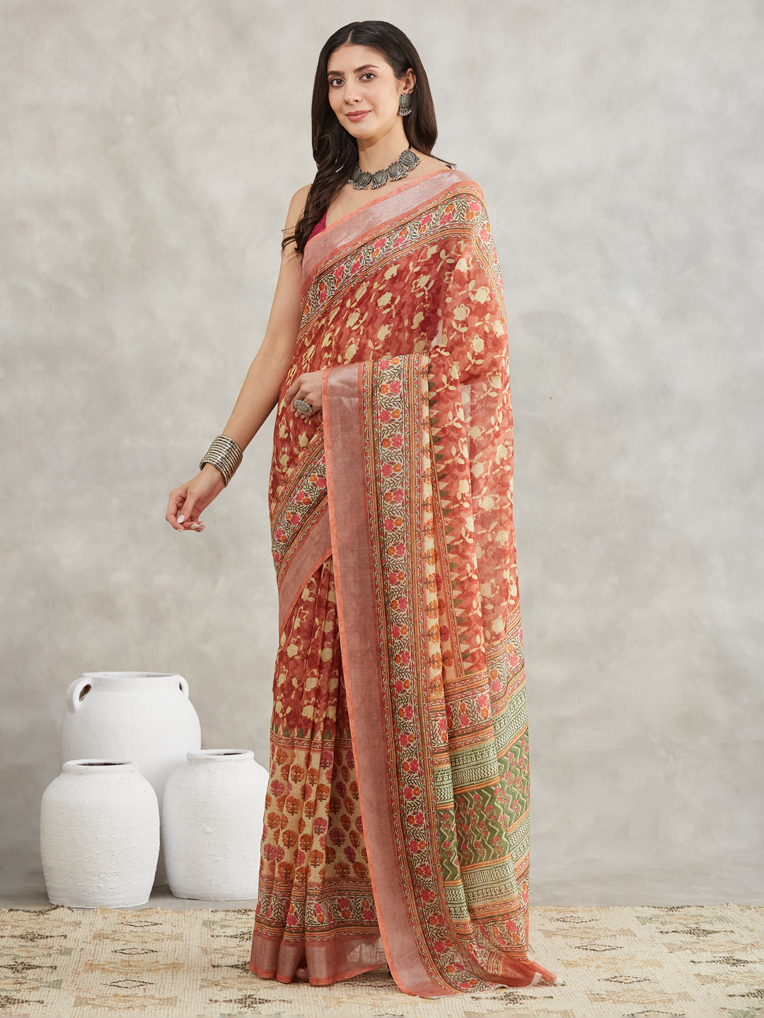 Janasya Women's Rust Linen Blend Batik Printed Printed Saree with Blouse Piece