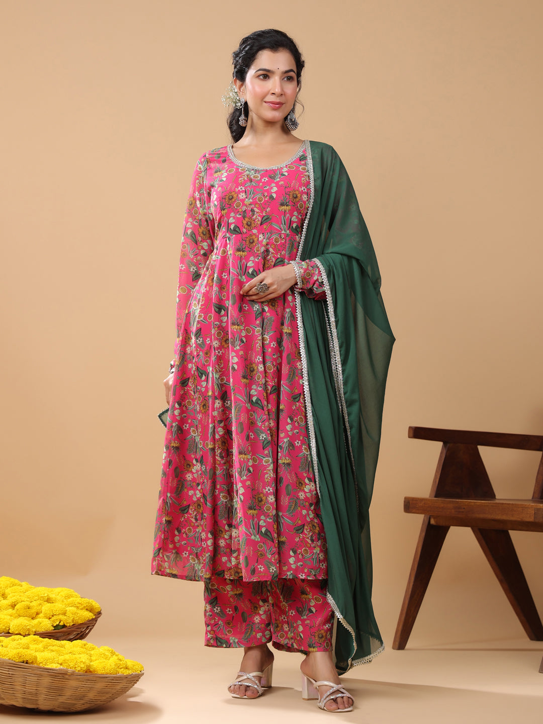Pink Georgette Digital Floral Print Kurta Palazzo Set