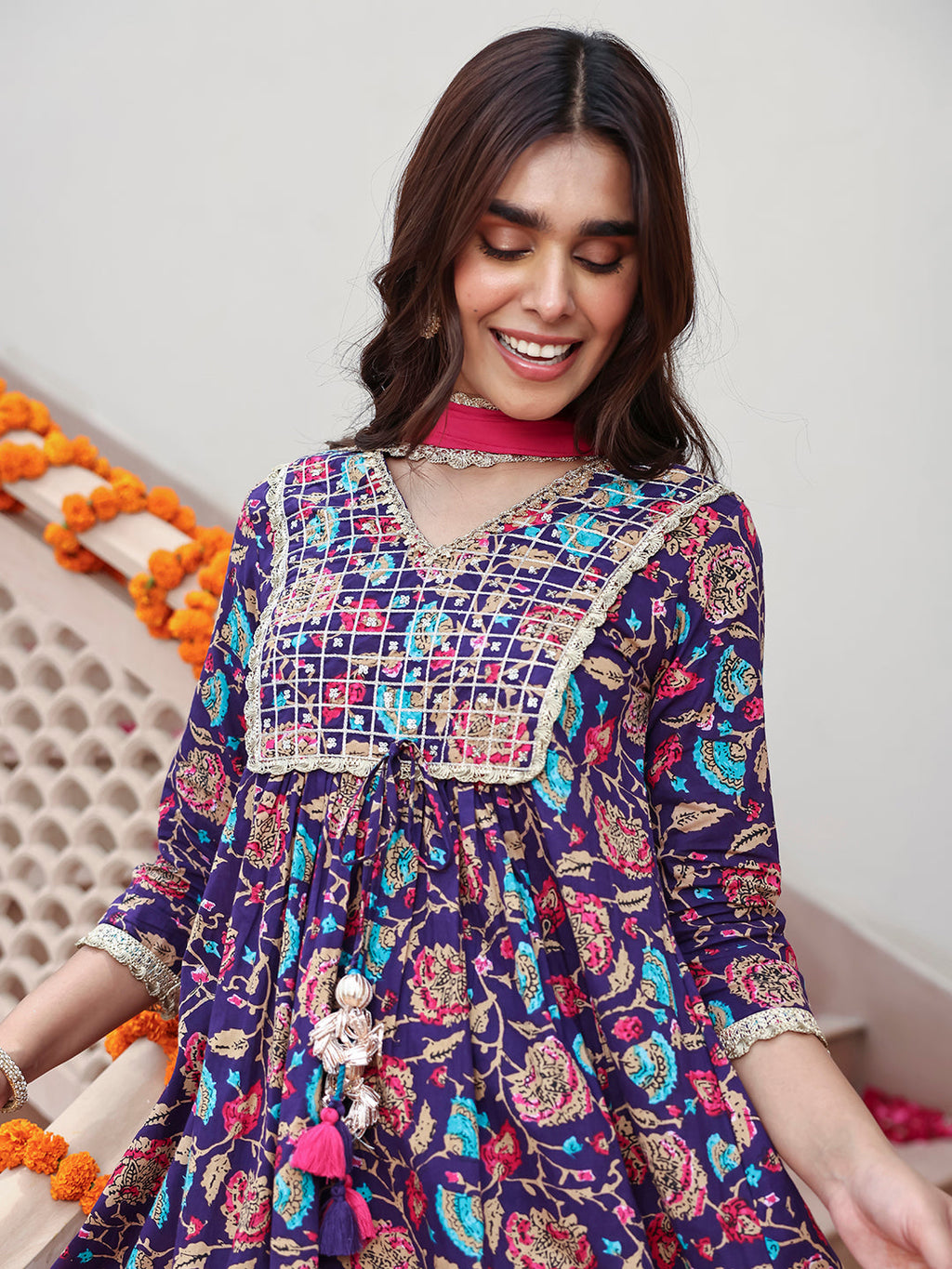 Purple Cotton Embellished Ethnic Printed Kurta with Flared Palazzo and Dupatta