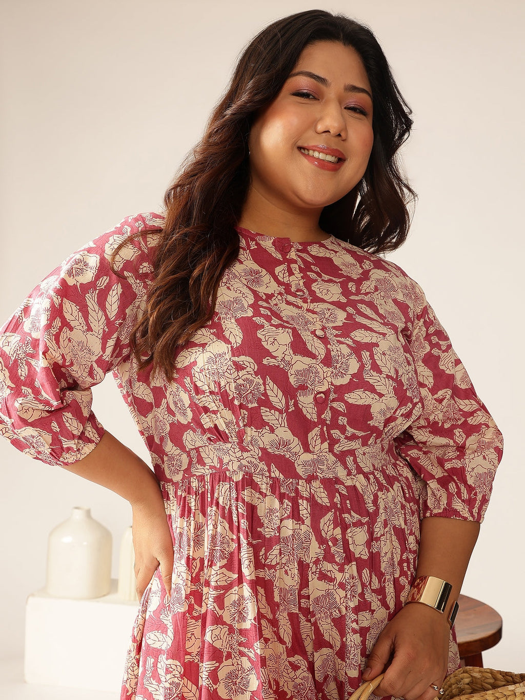 Plus Size Mauve Pure Cotton Floral Printed Gathered Dress